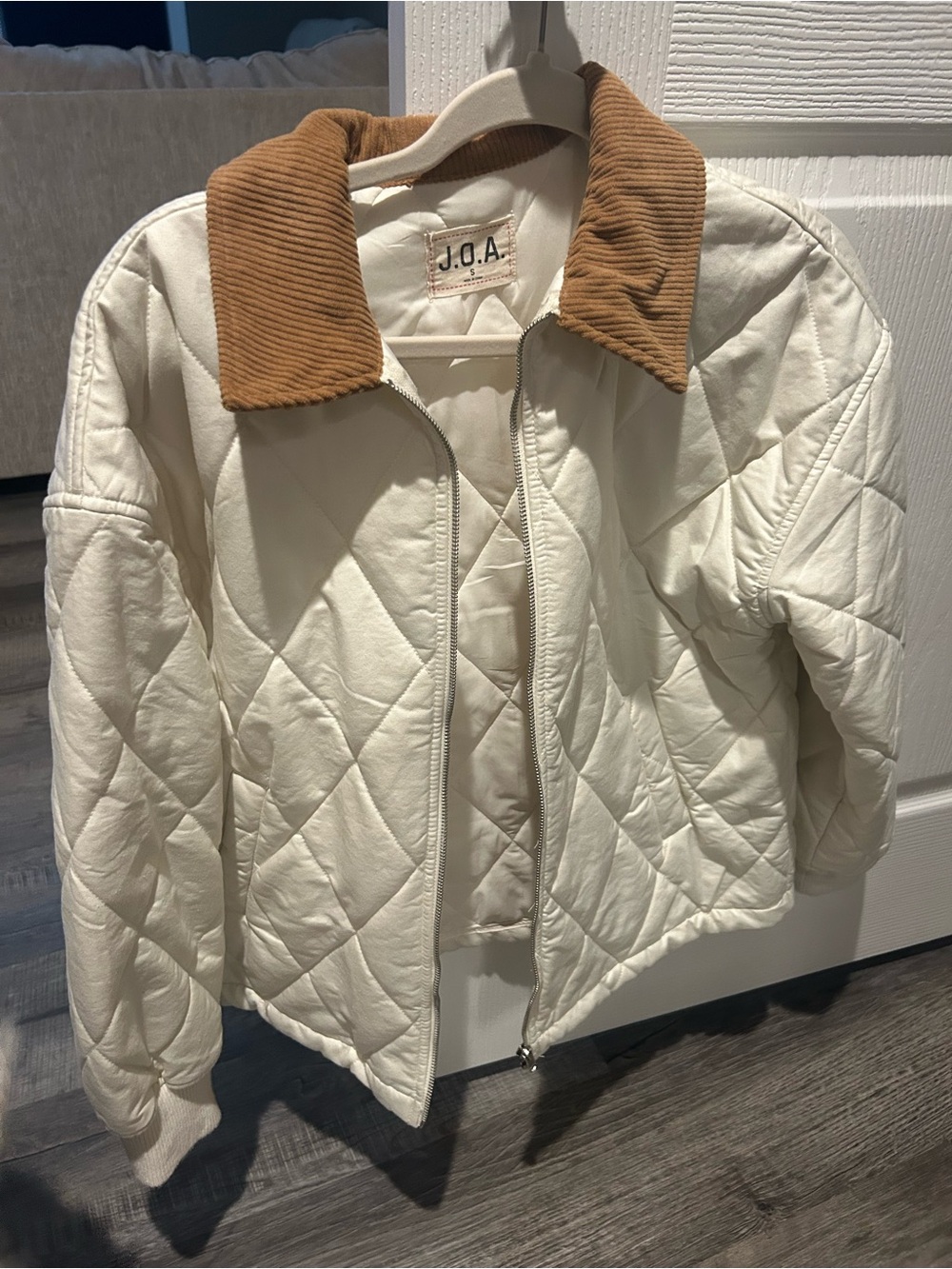 J.O.A. Quilted Cream Jacket with Tan Corduroy Collar